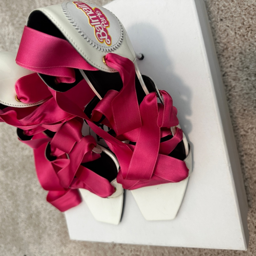 Balmain x Barbie Unity Ribbon Ankle Tie Stiletto Heels White Pink SIZE 38